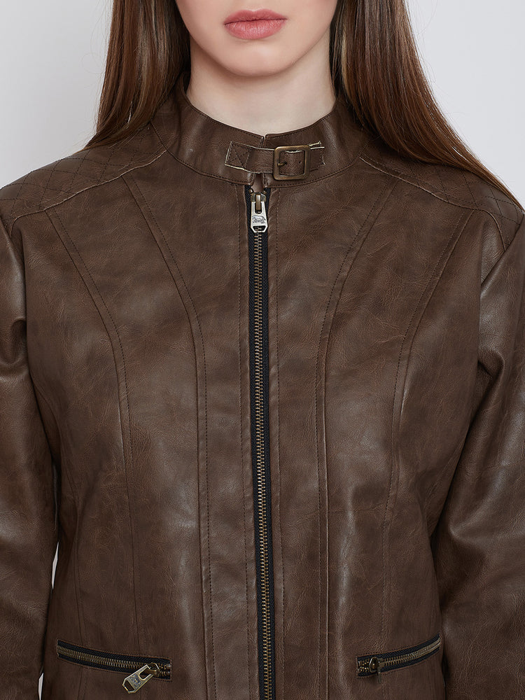 Women Casual Brown Leather Jacket - JUMP USA
