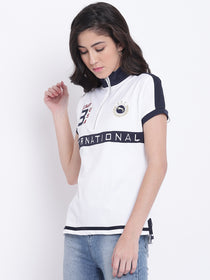 Women White Casual Polo Collar T-Shirt - JUMP USA