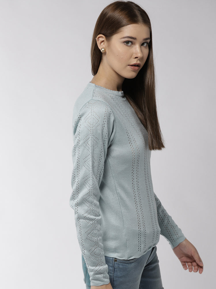 Women Solid Blue Pullover - JUMP USA