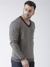 Men Navy Blue and Beige Colourblocked Pullover - JUMP USA