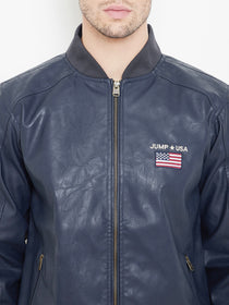 JUMP USA Navy Solid Casual PU Leather Varsity Jacket - JUMP USA