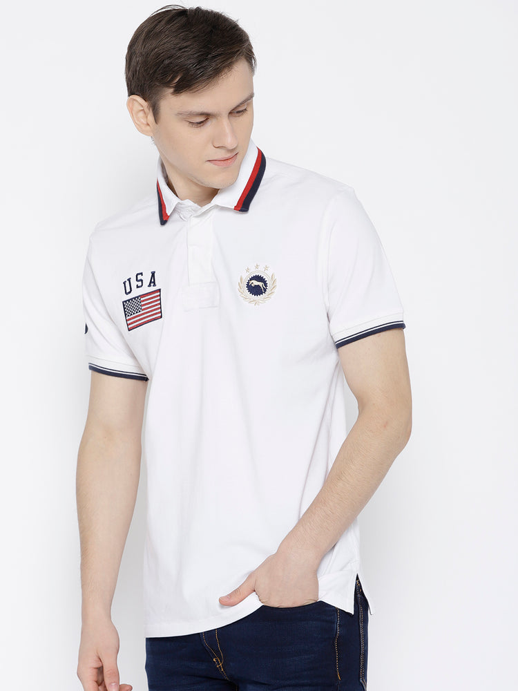Men White Solid Polo Collar T-shirt - JUMP USA