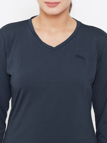 Women Navy Blue Active Wear V-Neck T-shirt - JUMP USA