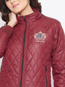 JUMP USA Women Maroon Self Design Jacket - JUMP USA