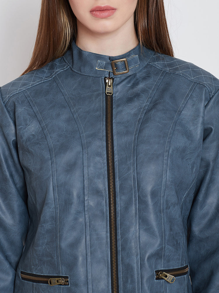 Women Casual Blue Leather Jacket - JUMP USA