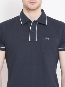Men Navy Blue Solid Casual Polo T-shirts - JUMP USA