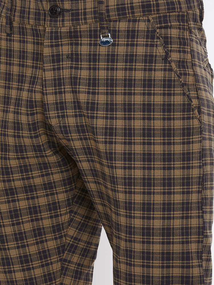 Men Brown Checked Casual Slim Fit Trousers - JUMP USA