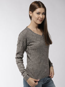 Women Self Design Beige Pullover - JUMP USA