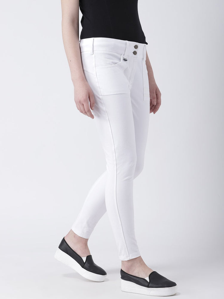 Women White Slim Fit Solid Casual Trousers - JUMP USA
