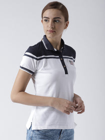 Women White and Navy Blue Polo T-shirt - JUMP USA