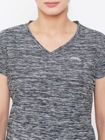 Women Black Solid Active Wear V Neck T-shirt - JUMP USA