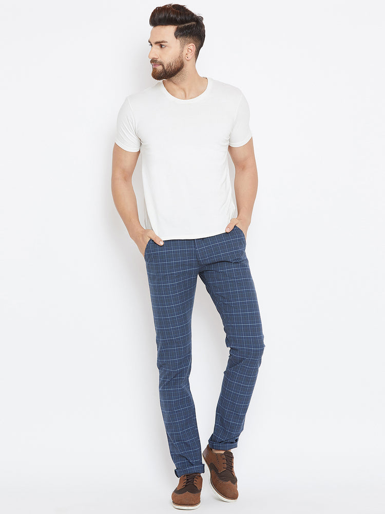 Men Blue Relaxed Fit Casual Checked Chinos - JUMP USA