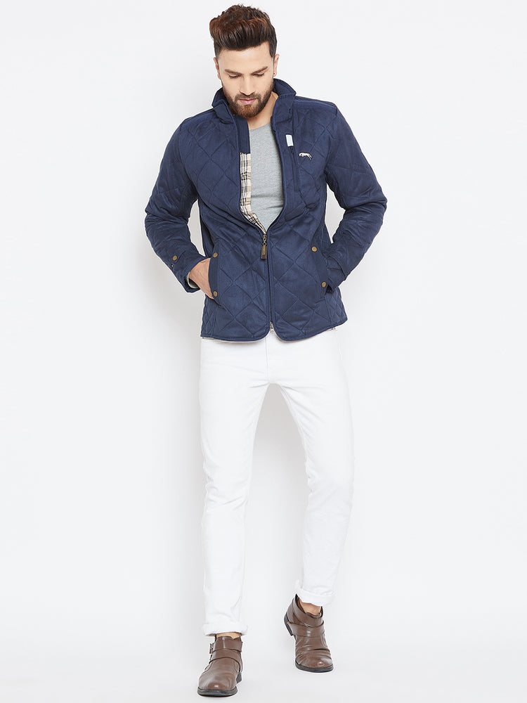 Men Navy Blue Solid Quilted Jacket - JUMP USA