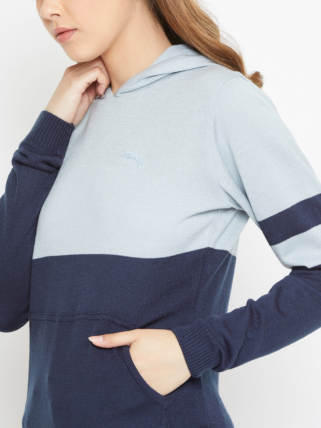 JUMP USA Women Blue Colourblocked Hooded Sweater - JUMP USA