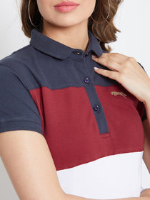 JUMP USA Women Navy Blue And Red Colour blocked PoloT-Shirts - JUMP USA