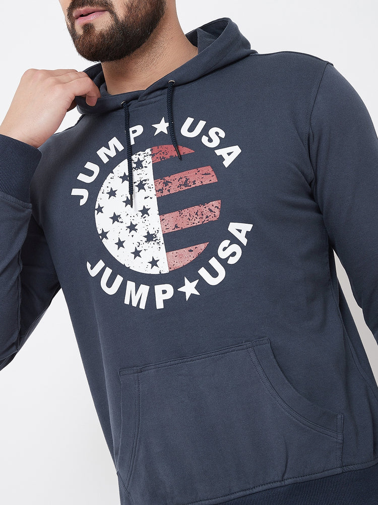 JUMP USA Men Navy Blue Self Design Hooded Sweatshirt - JUMP USA