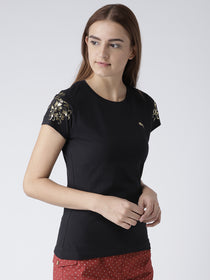 Women Solid Black T-Shirt - JUMP USA