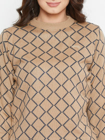 Women Safari & Navy Blue Acrylic Checked Sweater - JUMP USA
