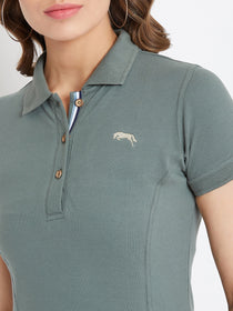 Women Grey Solid Polo Neck T-shirt - JUMP USA