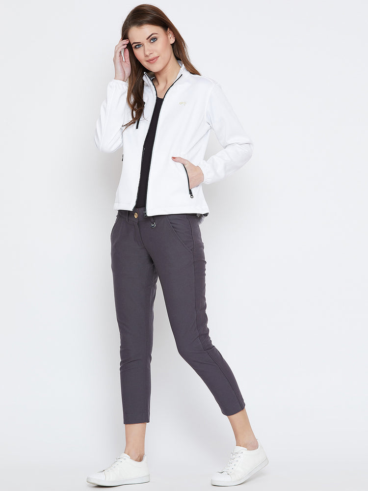 Women White Solid Sporty Jacket - JUMP USA
