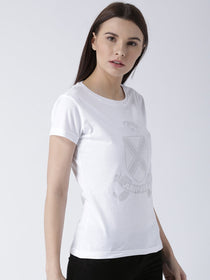 Women White Solid Round Neck T-shirt - JUMP USA
