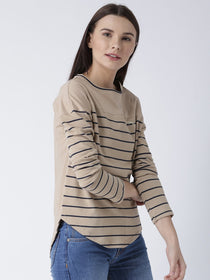 Women Round Neck Beige T-shirt - JUMP USA