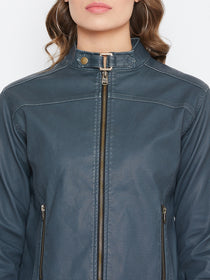JUMP USA Women Olive Solid Casual Leather Jacket - JUMP USA