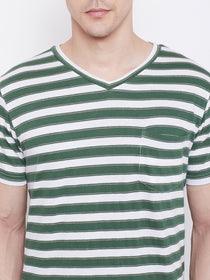 JUMP USA Men Green Striped V-neck Tshirt - JUMP USA
