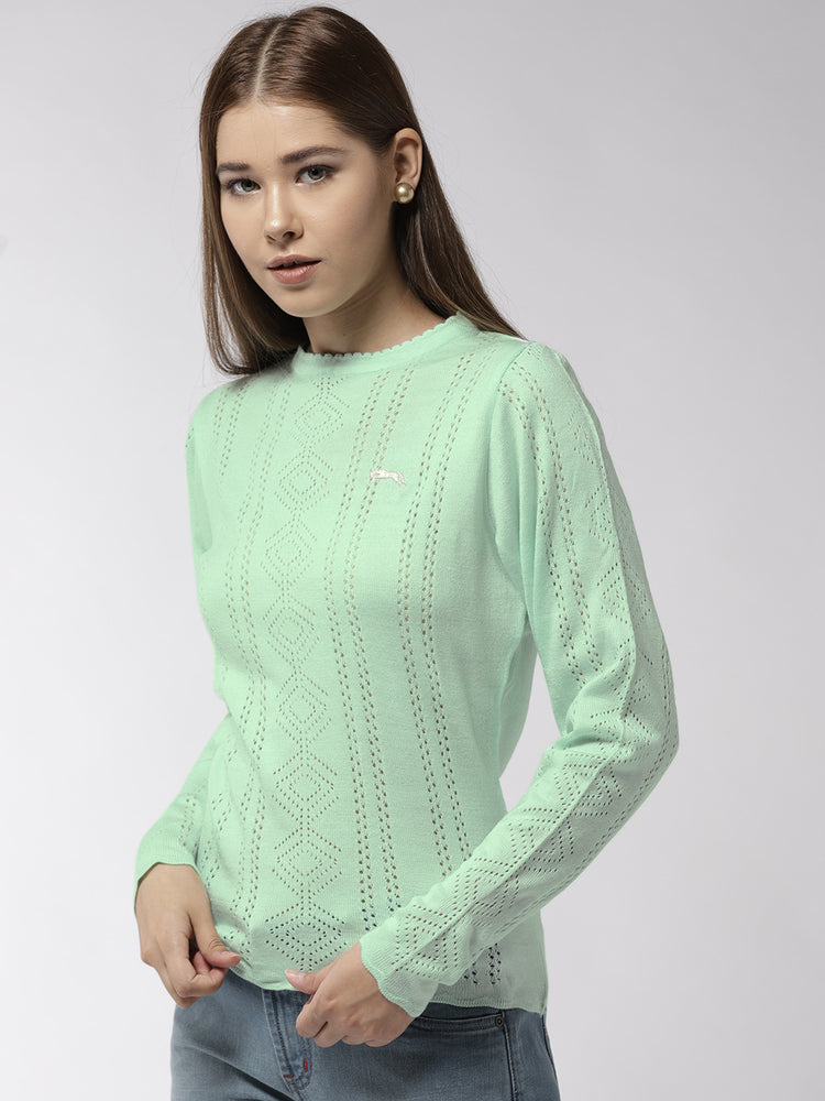 Women Solid Teal Pullover - JUMP USA