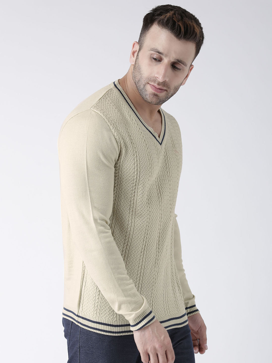 Men Beige self Design Pullover - JUMP USA