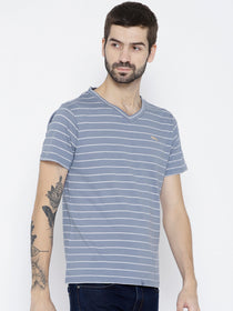 Men Blue Striped V-Neck T-shirt - JUMP USA