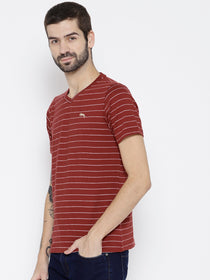 Men Red Striped V-Neck T-shirt - JUMP USA