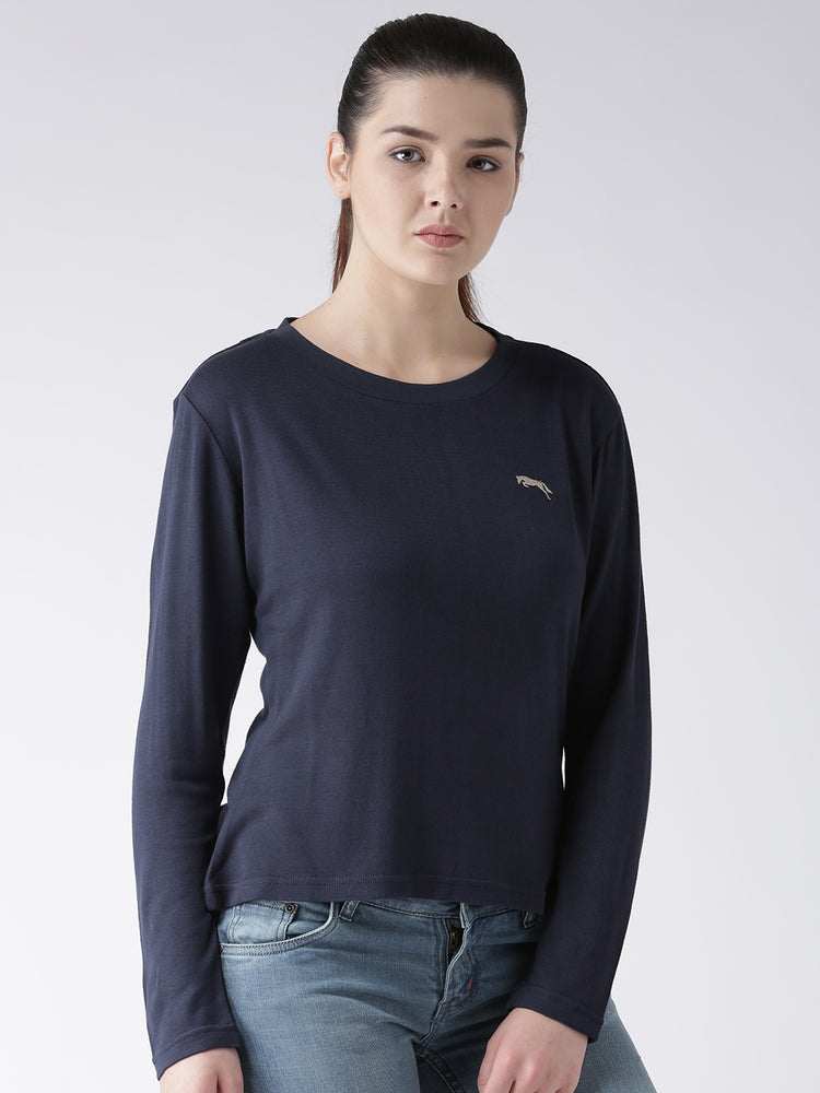 Women Navy Blue Solid Round Neck T-shirt - JUMP USA