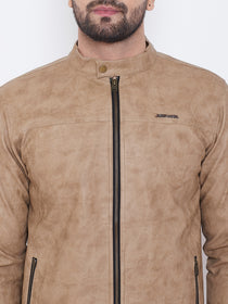 Men Casual Solid Khaki Leather Jacket - JUMP USA