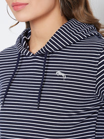 JUMP USA Women Navu Blue And White Striped Hoodies Sweatshits - JUMP USA