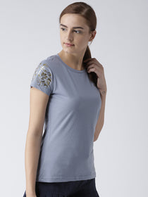 Women Solid Blue T-Shirt - JUMP USA