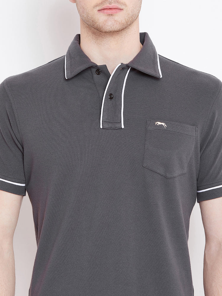 Men Charcoal Solid Casual Polo T-shirts - JUMP USA
