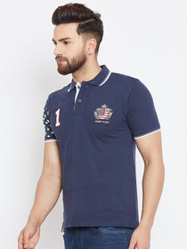 Men Navy Blue Casual Polo Collar T-shirt - JUMP USA