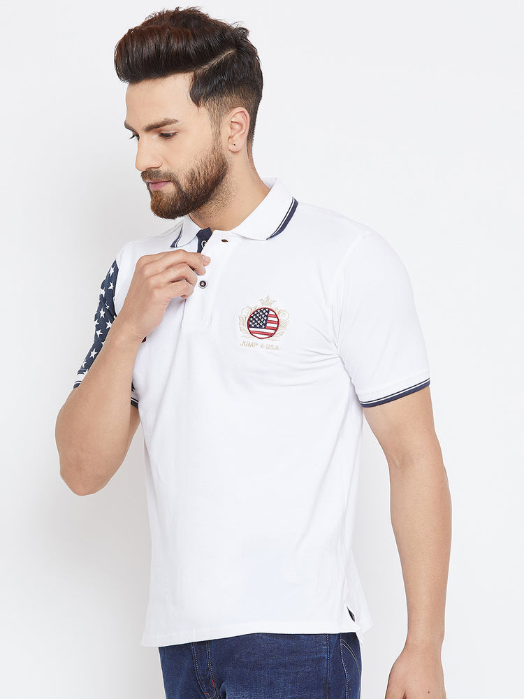 Men White Casual Polo Collar T-shirt - JUMP USA