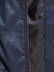 JUMP USA Navy Solid Casual PU Leather Varsity Jacket - JUMP USA