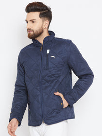 Men Navy Blue Solid Quilted Jacket - JUMP USA