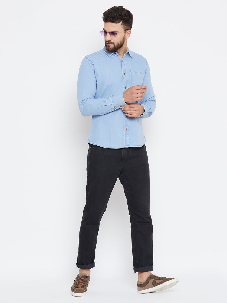 Men Blue Washed Slim Fit Casual Shirt - JUMP USA