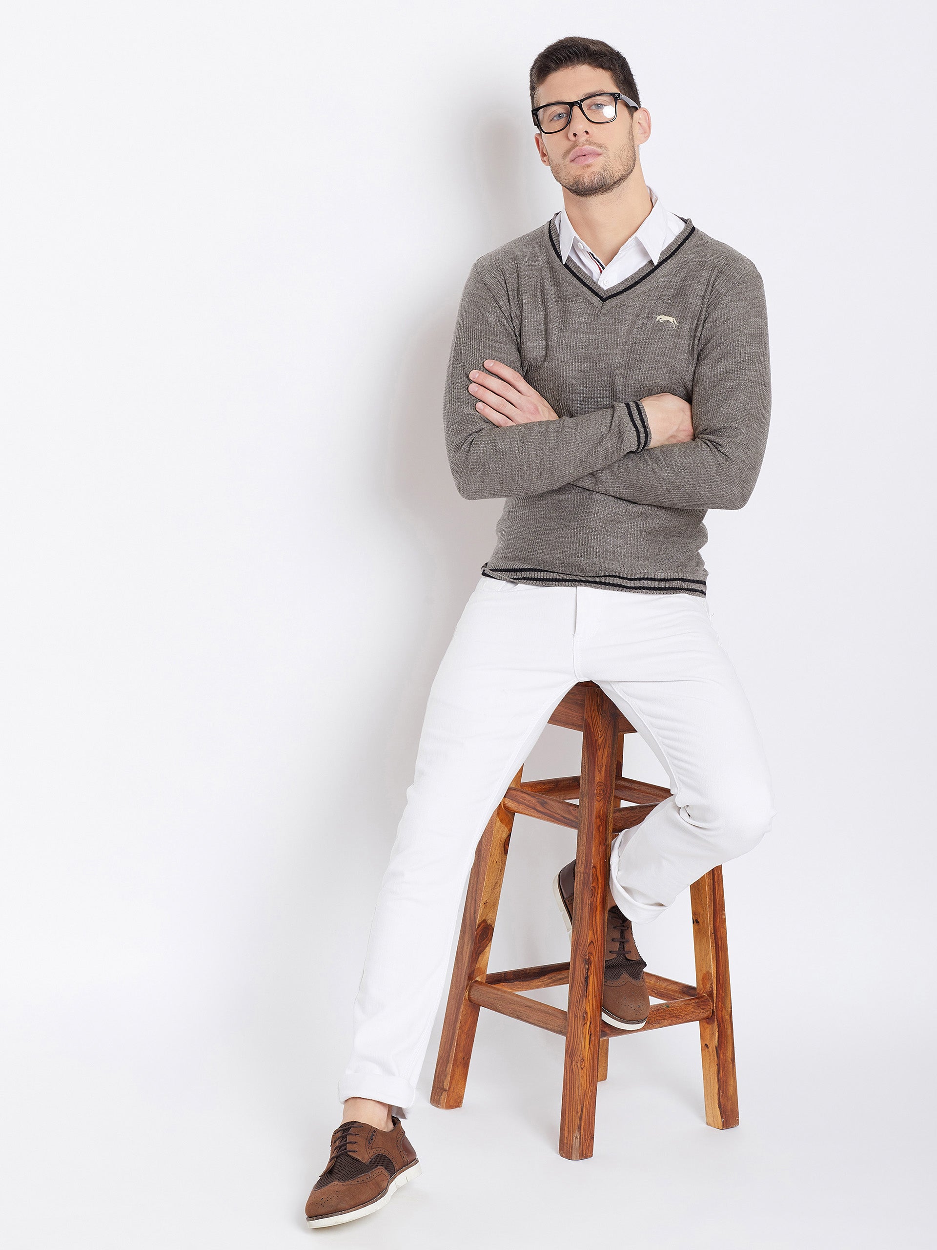 JUMP USA Men Beige Self Design Pullover - JUMP USA