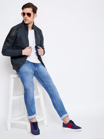 JUMP USA Men Navy Blue Solid Casual Bomber Jacket - JUMP USA