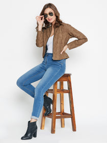 JUMP USA Women Tan Solid Casual Leather Jacket - JUMP USA