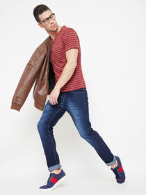JUMP USA Men Red Striped V-neck T-shirt - JUMP USA