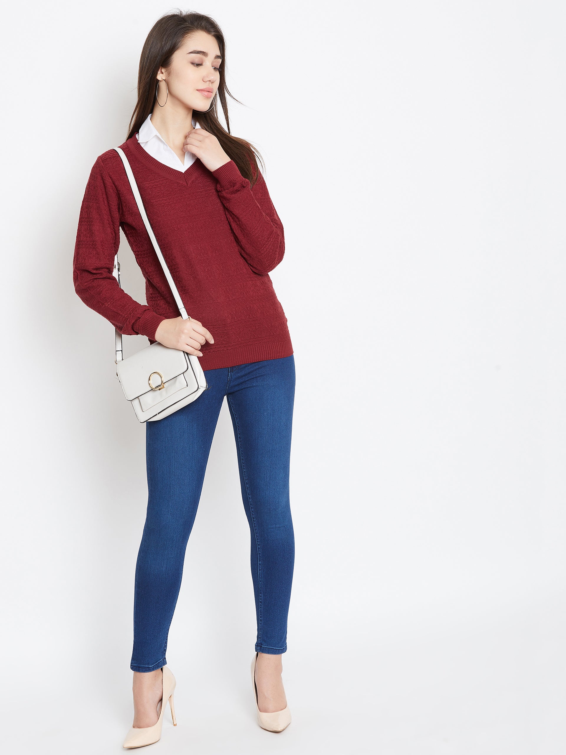 JUMP USA Women Red Self Design Sweater - JUMP USA