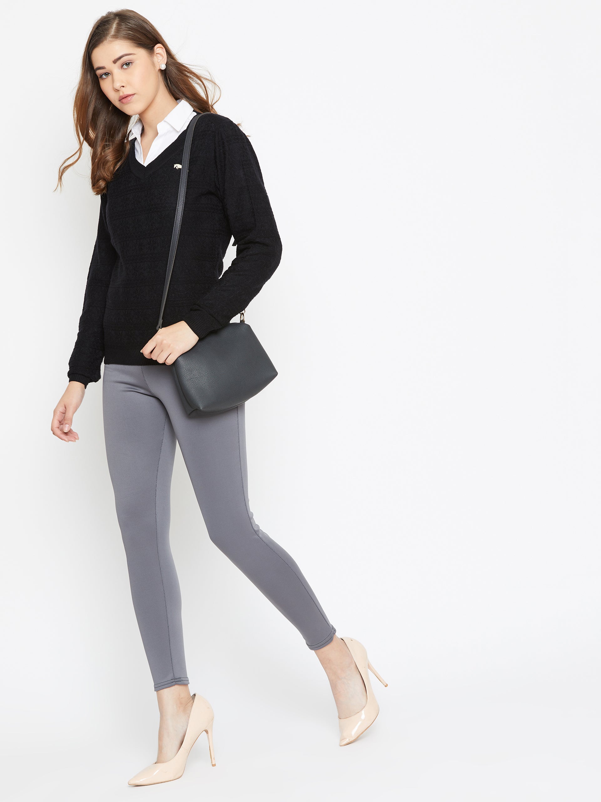 JUMP USA Women Black Self Design Sweater - JUMP USA