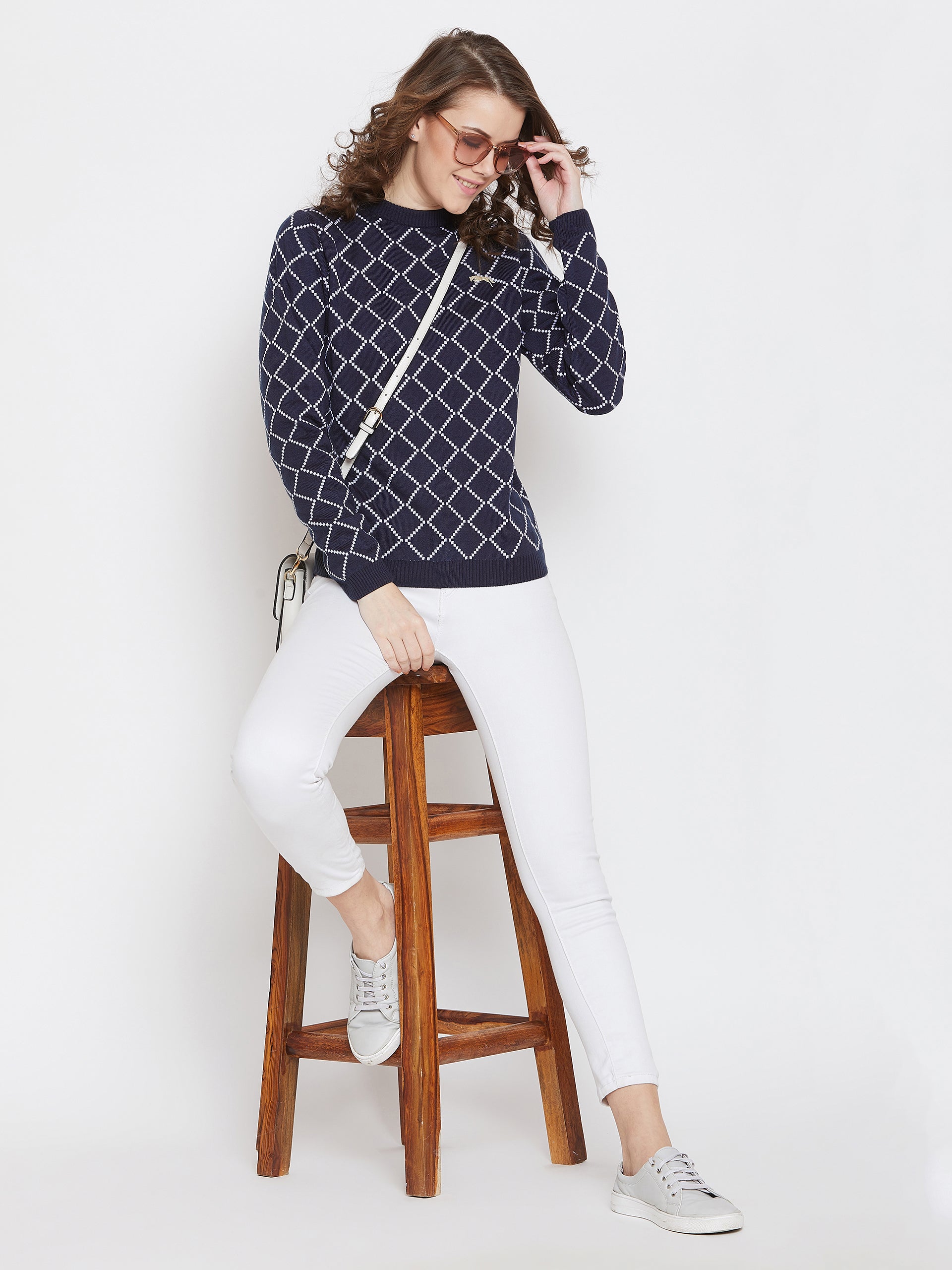 JUMP USA Women Navy Blue & White Acrylic Checked Sweater - JUMP USA