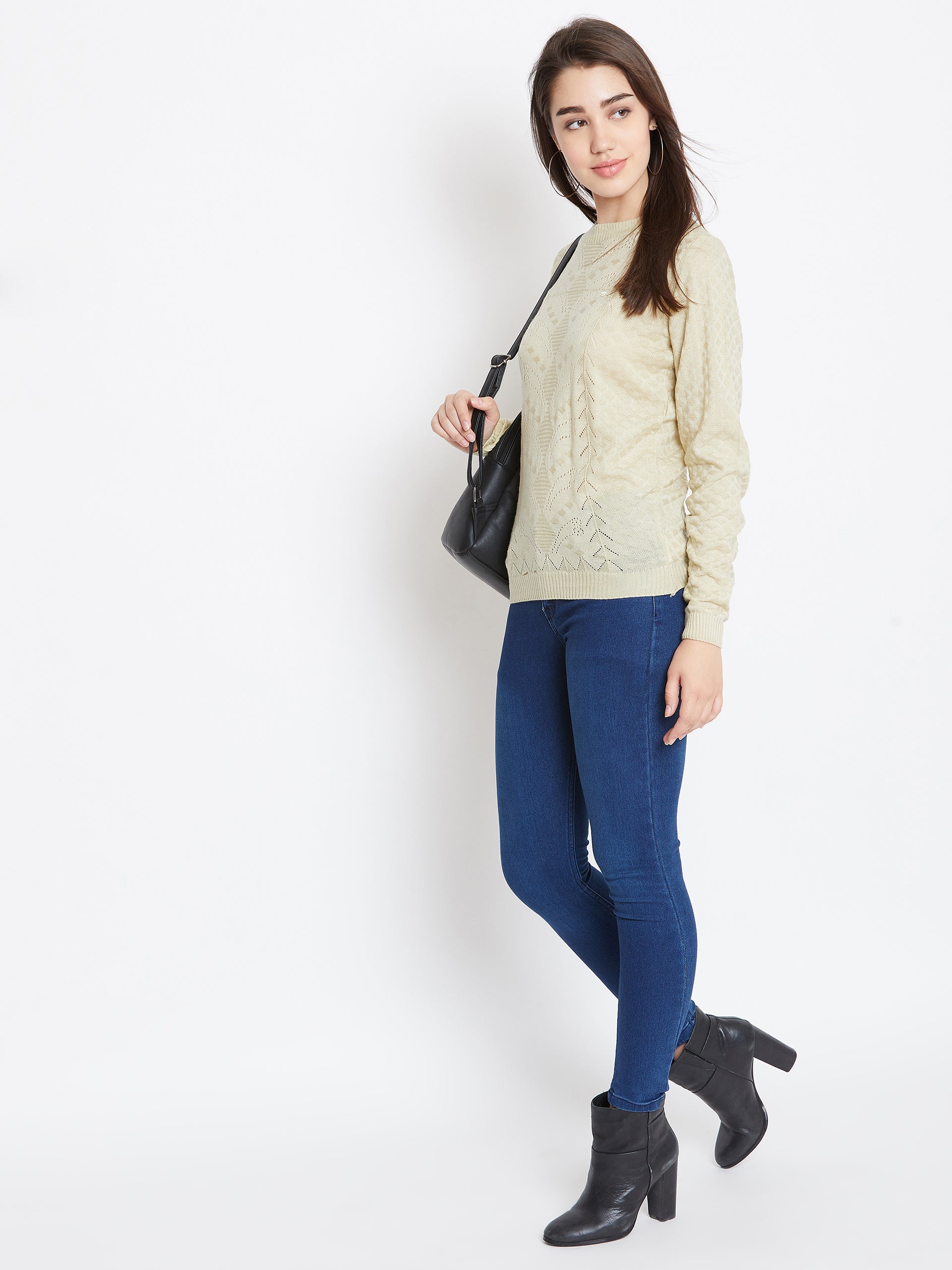 JUMP USA Women Cream Self Design Sweater - JUMP USA